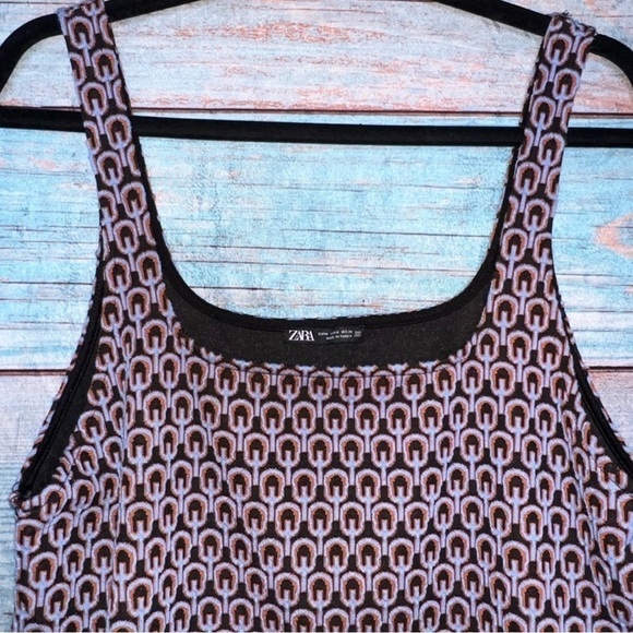 Zara Mini Dress M Retro Design Textured Black Blue Orange Stretch Tank Style - Picture 4 of 12